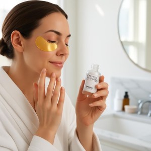 Woman in white robe applying Barbara Sturm hyaluronic serum on cheek